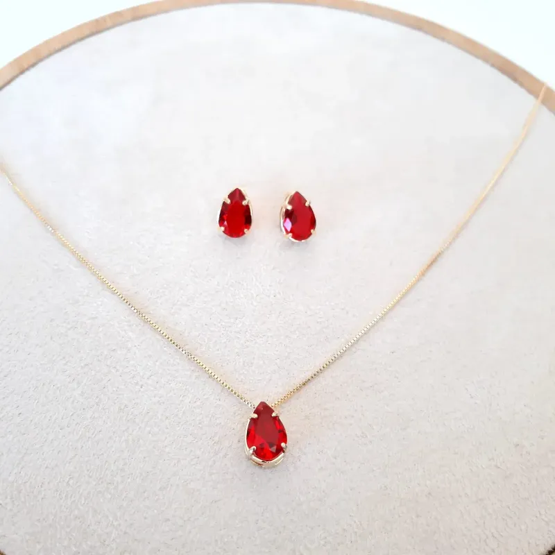 CONJUNTO DOURADO PEDRA GOTA CORRENTE VENEZIANA