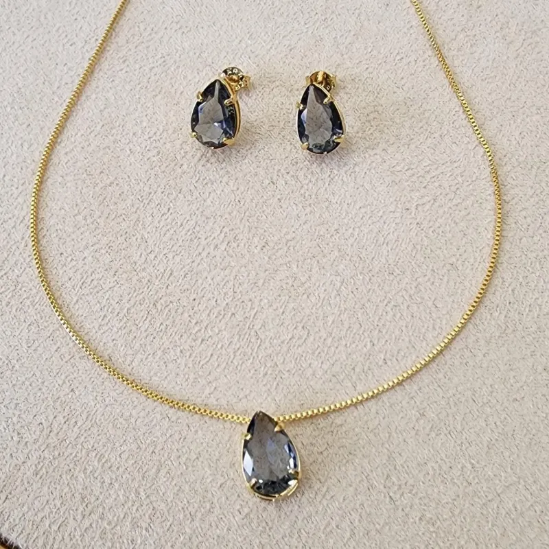 CONJUNTO DOURADO PEDRA GOTA CORRENTE VENEZIANA