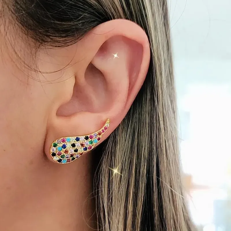 BRINCO DOURADO EAR CUFF ZIRCÔNIAS COLORIDAS