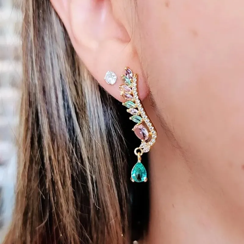 BRINCO EAR CUFF DOIS EM UM COM ZIRCÔNIAS COLORIDAS