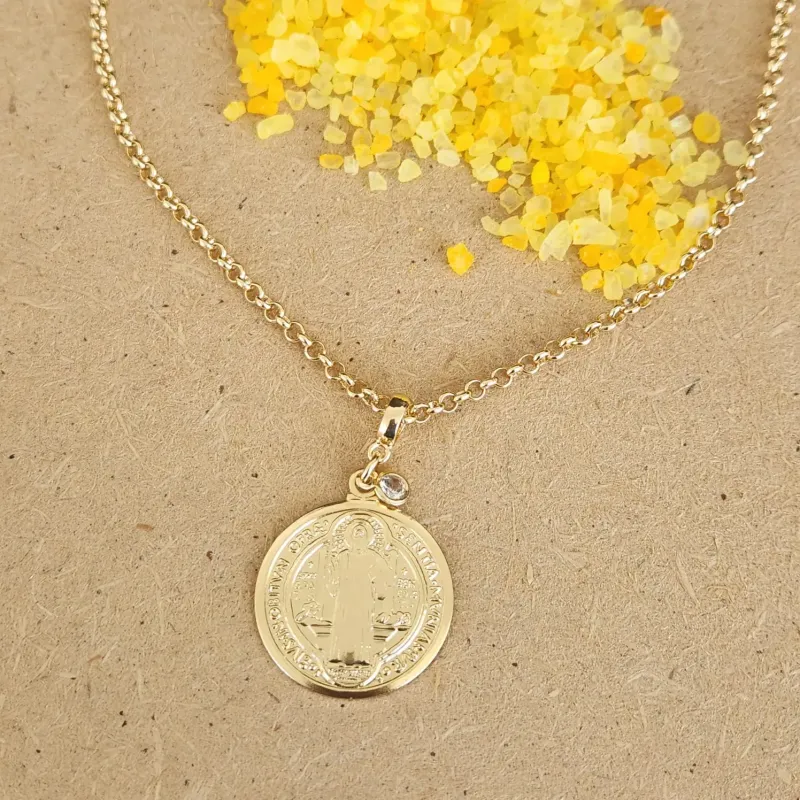 COLAR DOURADO CORRENTE ELO PORTUGUÊS PINGENTE SÃO BENTO - 48MC