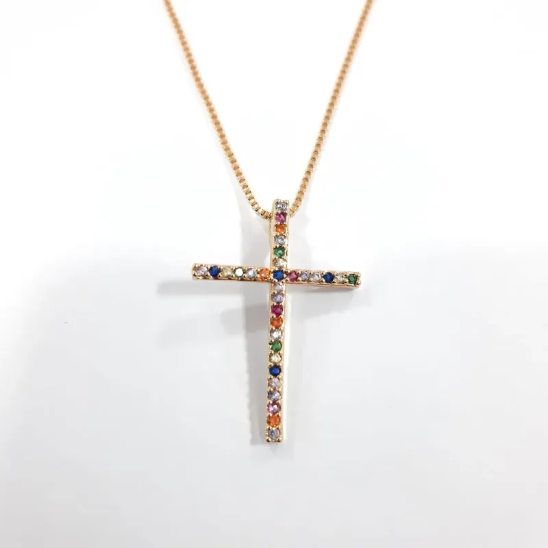 COLAR DOURADO CRUZ MICROZIRCÔNIAS COLORIDAS