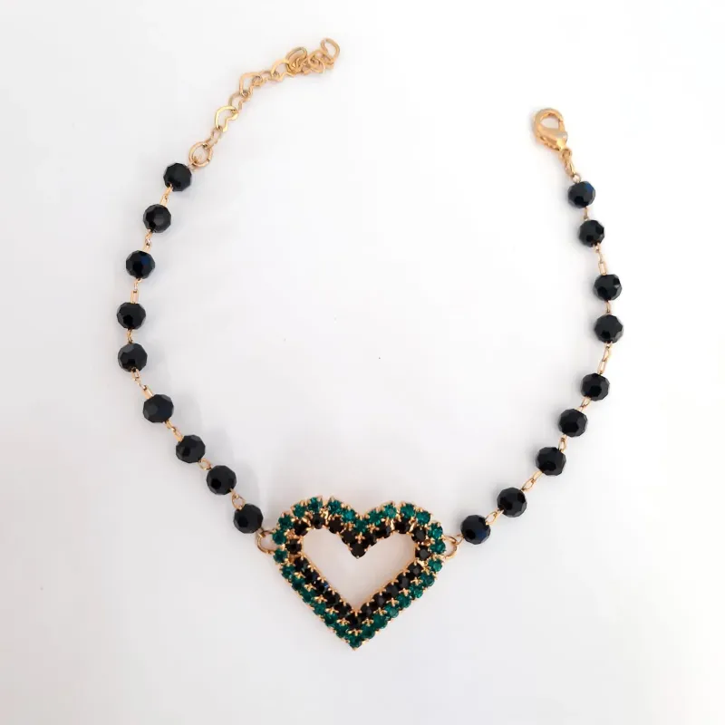 PULSEIRA DOURADA CORAÇÃO CRAVEJADO ZIRCÔNIAS NEGRAS