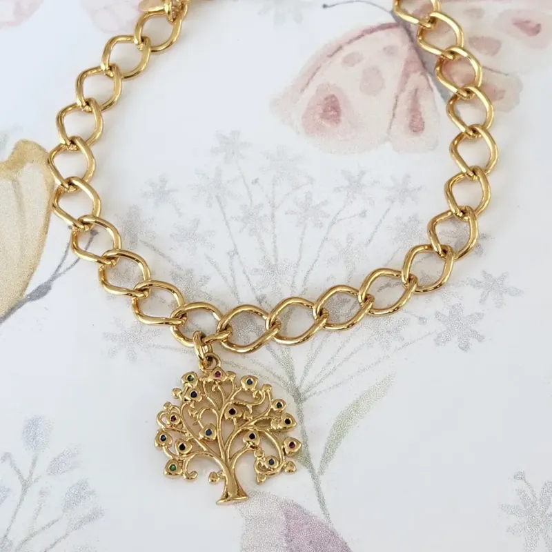 PULSEIRA DOURADA ÁRVORE DA VIDA COM MICROZIRCÔNIAS COLORIDAS