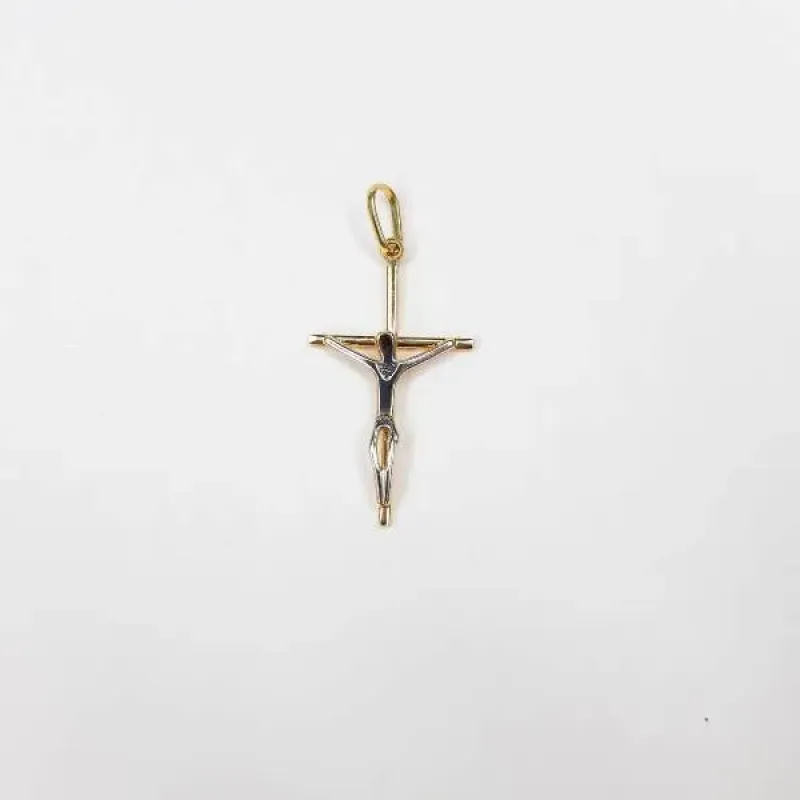 PINGENTE CRUZ JESUS CRUXIFICADO BANHO TONS AMARELO E BRANCO