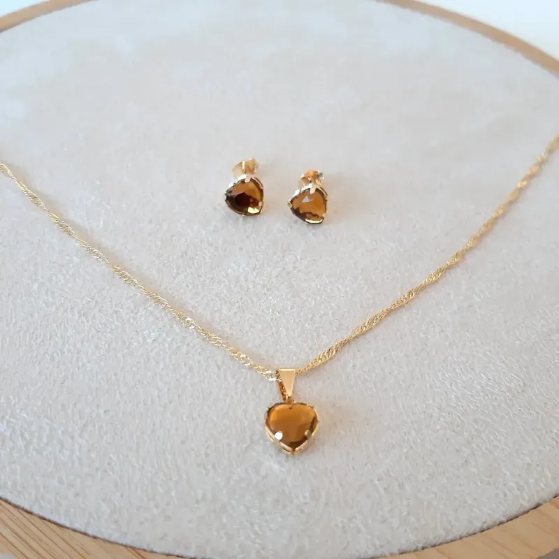 CONJUNTO DOURADO CORAÇÃO CORRENTE SINGAPURA