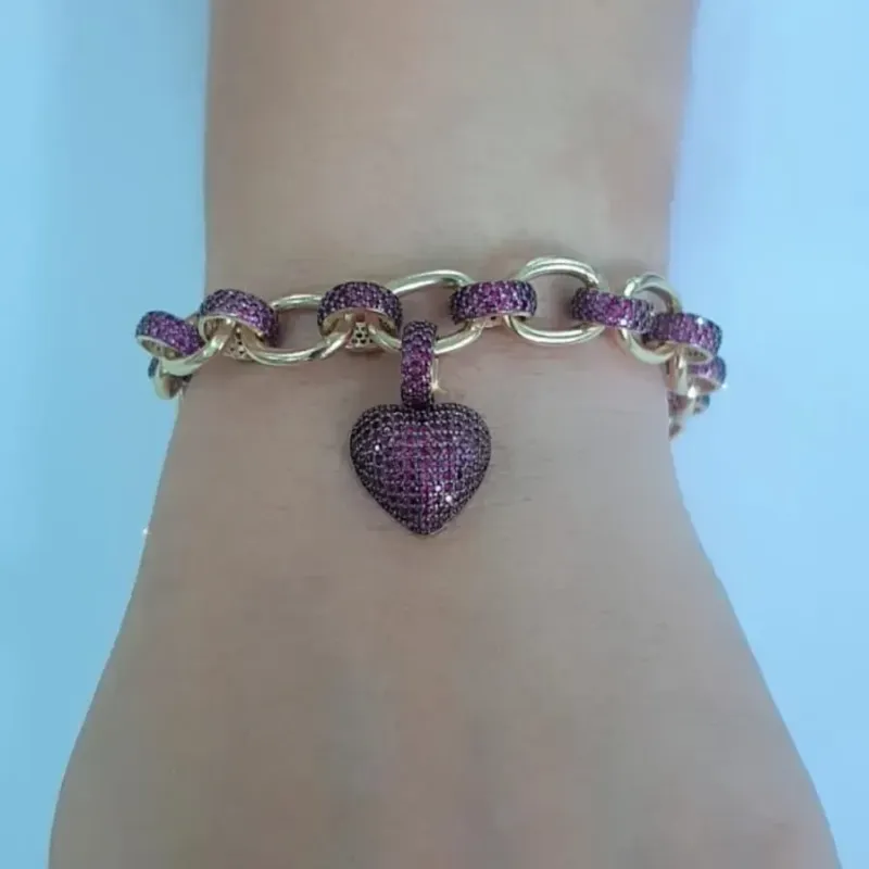 PULSEIRA CORAÇÃO ELOS CRAVEJADAS MICROZIRCÔNIAS RUBI