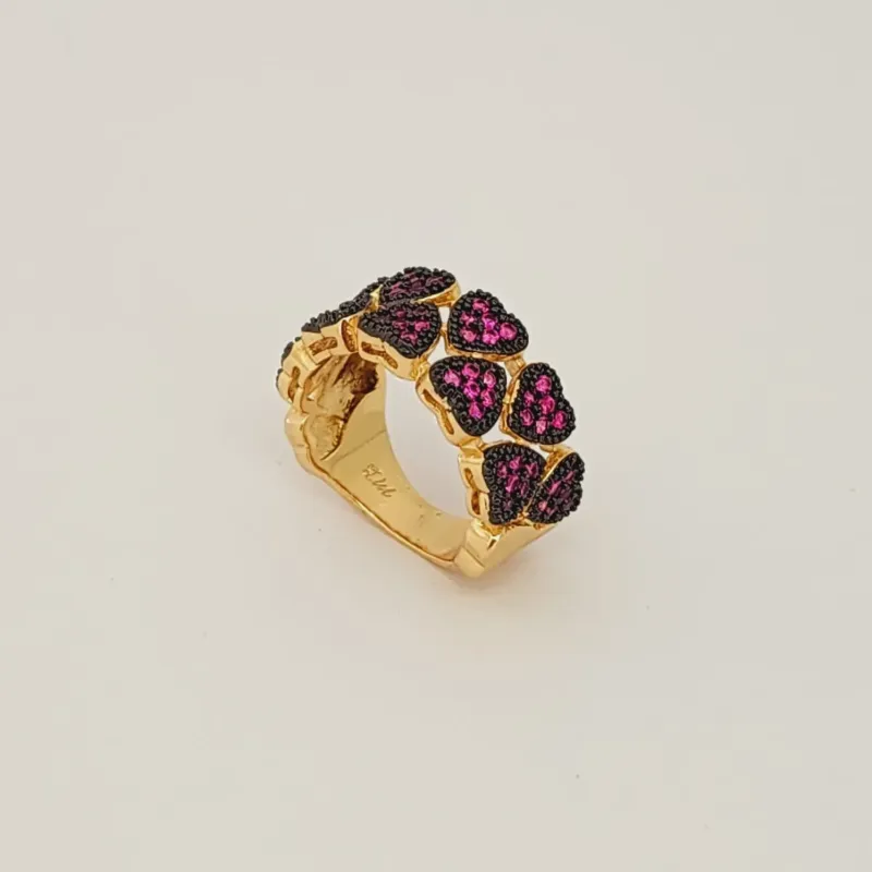 ANEL DOURADO CORAÇÕES CRAVEJADOS ROSA