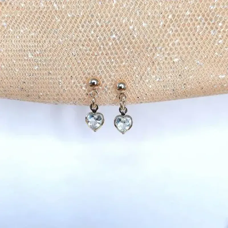 BRINCO DOURADO CORAÇÃO ZIRCÔNIA ÁGUA MARINHA TARRAXA BABY