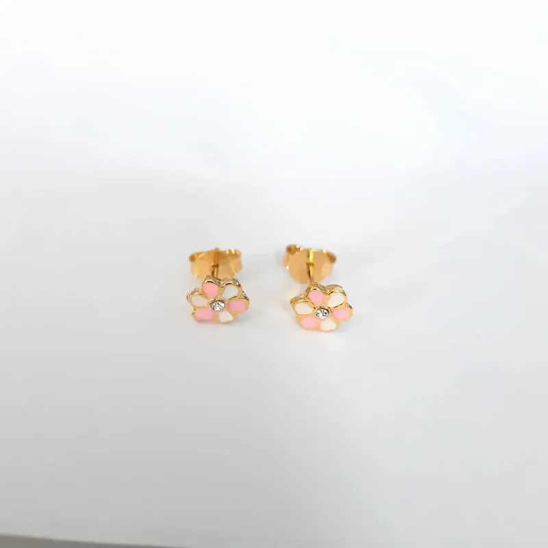 BRINCO INFANTIL DOURADO FLOR ROSA E BRANCA