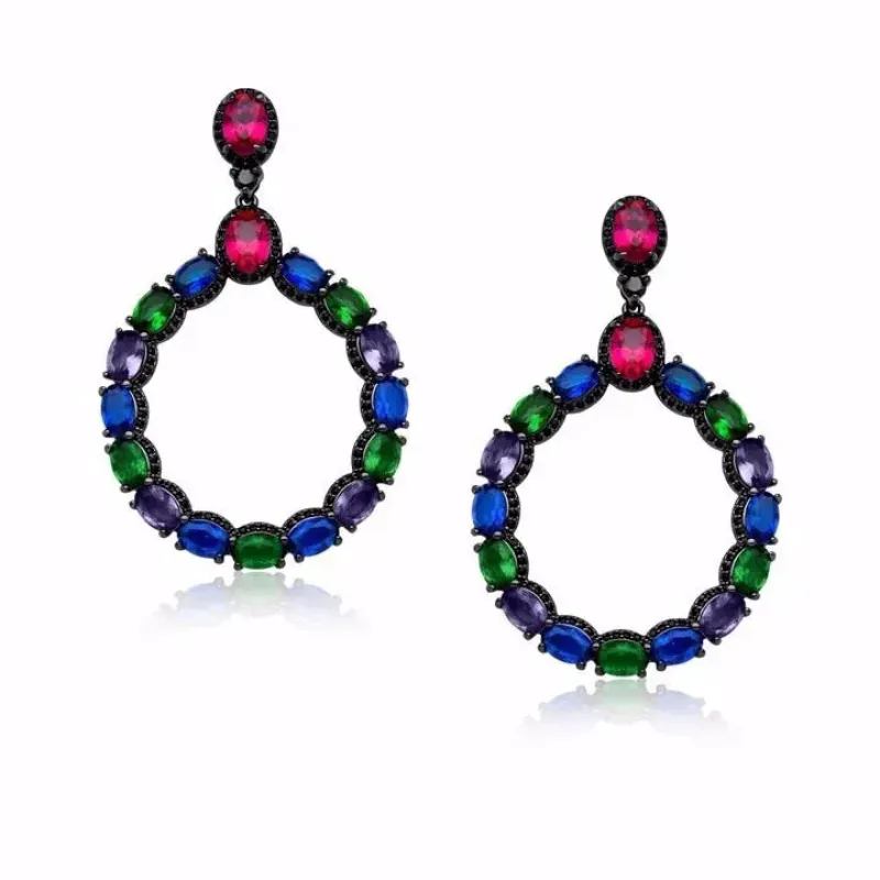BRINCO GOTA GRANDE COM ZIRCÔNIAS COLORIDAS RÓDIO NEGRO