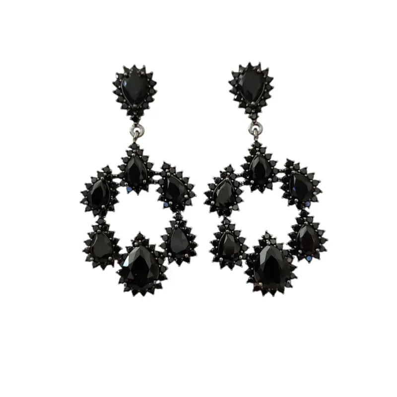 BRINCO RÓDIO NEGRO FESTA GOTAS ZIRCÔNIAS NEGRAS