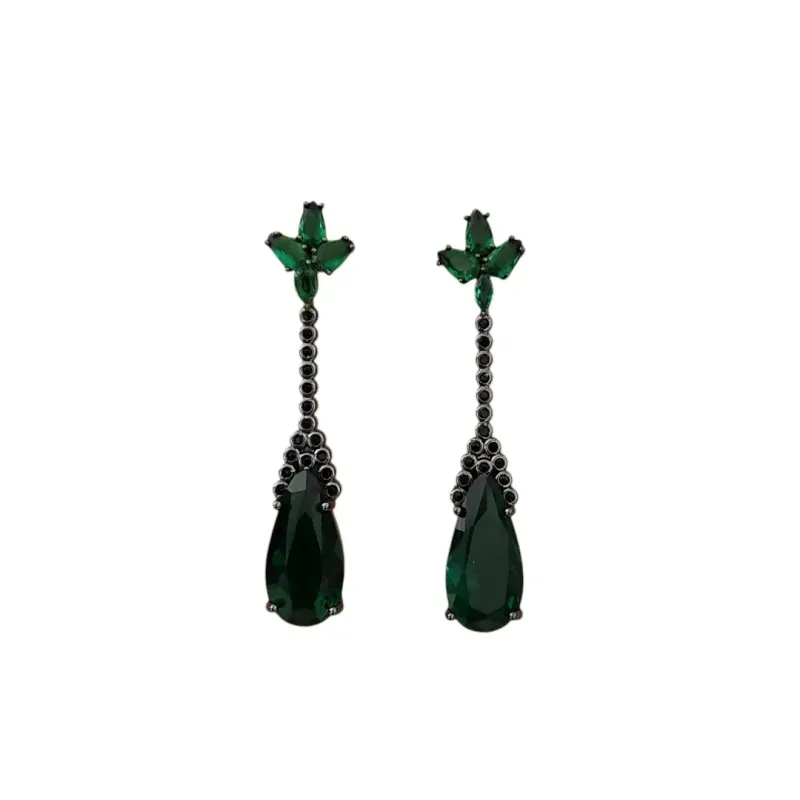BRINCO FESTA RÓDIO NEGRO PENDULO PEDRA ESMERALDA CRAVEJADO MICROZIRCÔNIAS NEGRAS