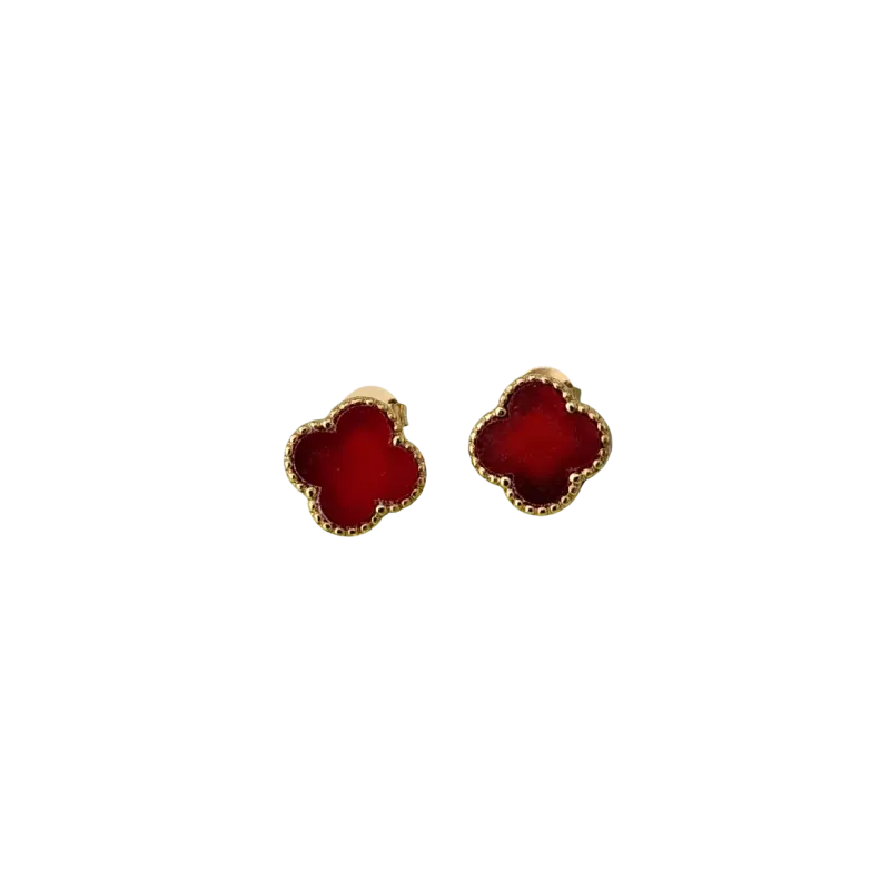 BRINCOS TREVO DE QUATRO FOLHAS VERMELHO BANHO OURO
