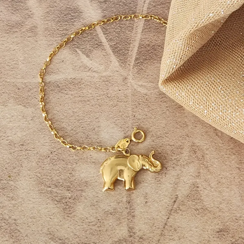 PULSEIRA DOURADA CORRENTE ELOS DE CORAÇÃO PINGENTE ELEFANTE
