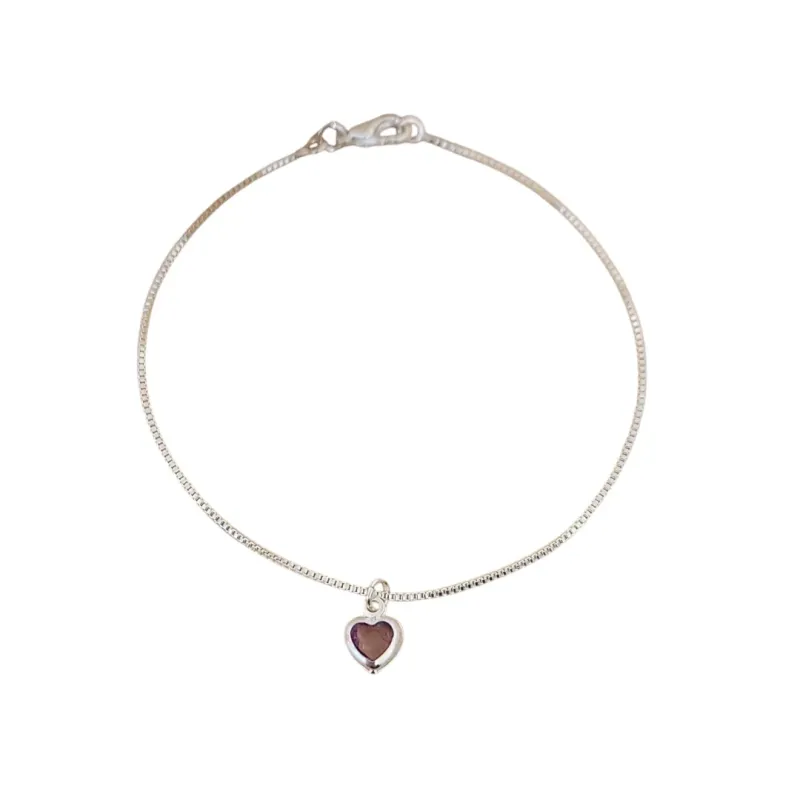 PULSEIRA VENEZIANA PINGENTE CORAÇÃO LILÁS BANHO DE PRATA