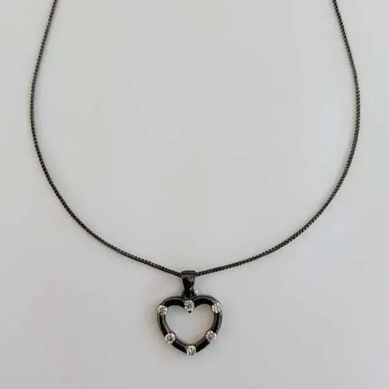 COLAR RÓDIO NEGRO PINGENTE CORAÇÃO COM ZIRCÔNIAS CRISTAL