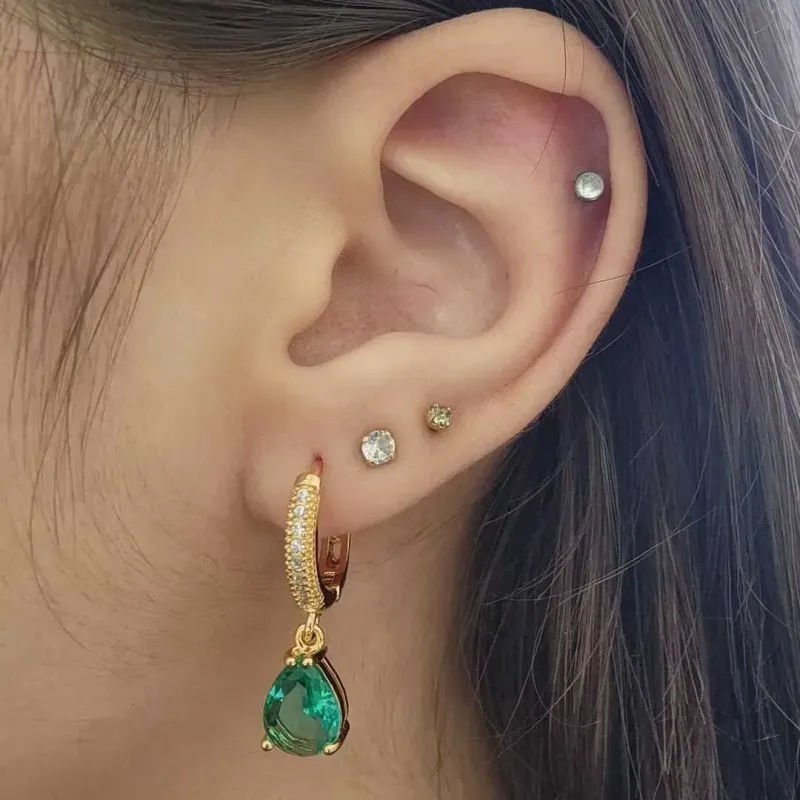 BRINCO ARGOLINHA GANCHO GOTA VERDE ESMERALDA