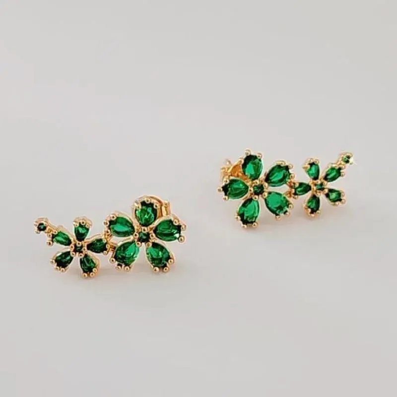 BRINCO EAR CUFF DOURADO FLORES VERDE ESMERALDA