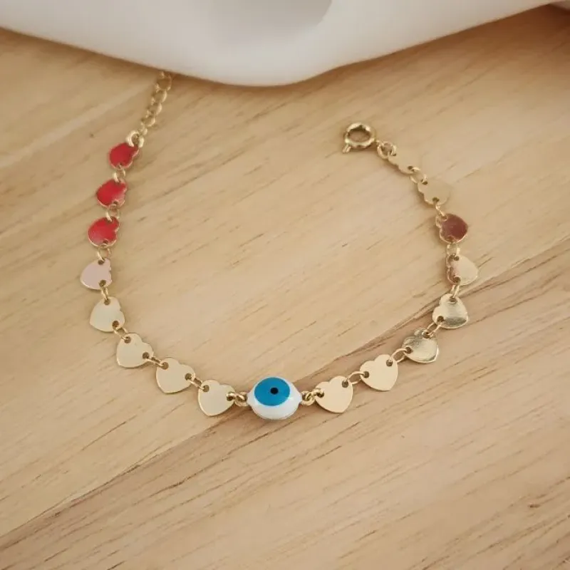 PULSEIRA DOURADA CORRENTE CORAÇÕES COM OLHO GREGO