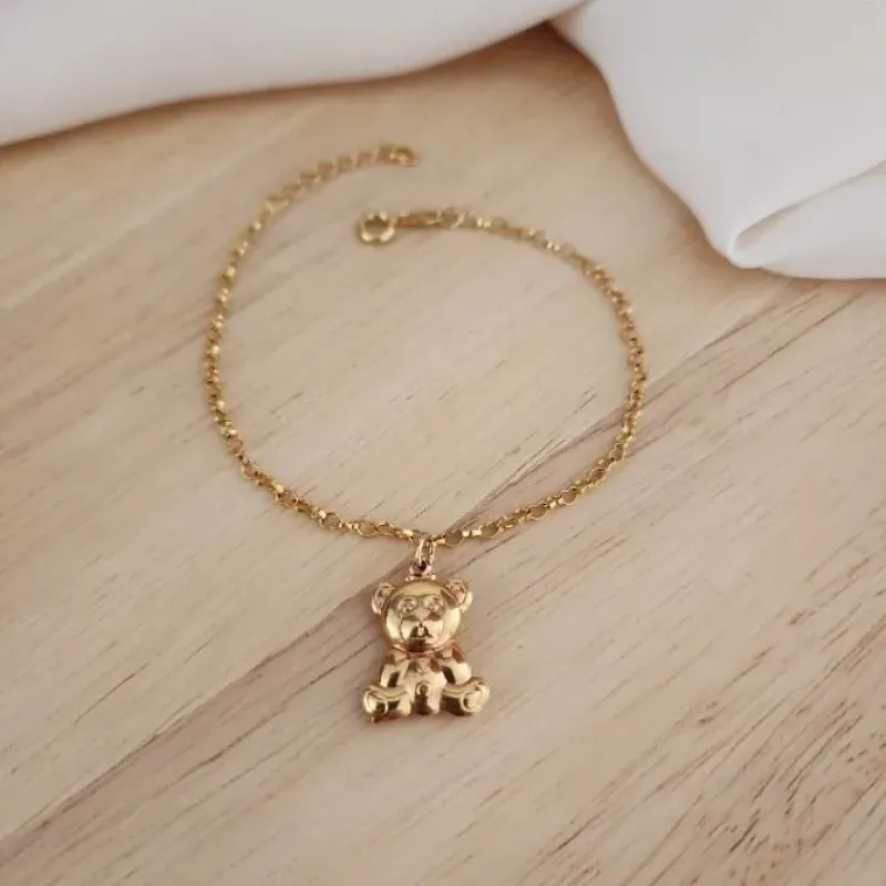 PULSEIRA DOURADA CORRENTE ELOS CORAÇÃO COM PINGENTE URSO