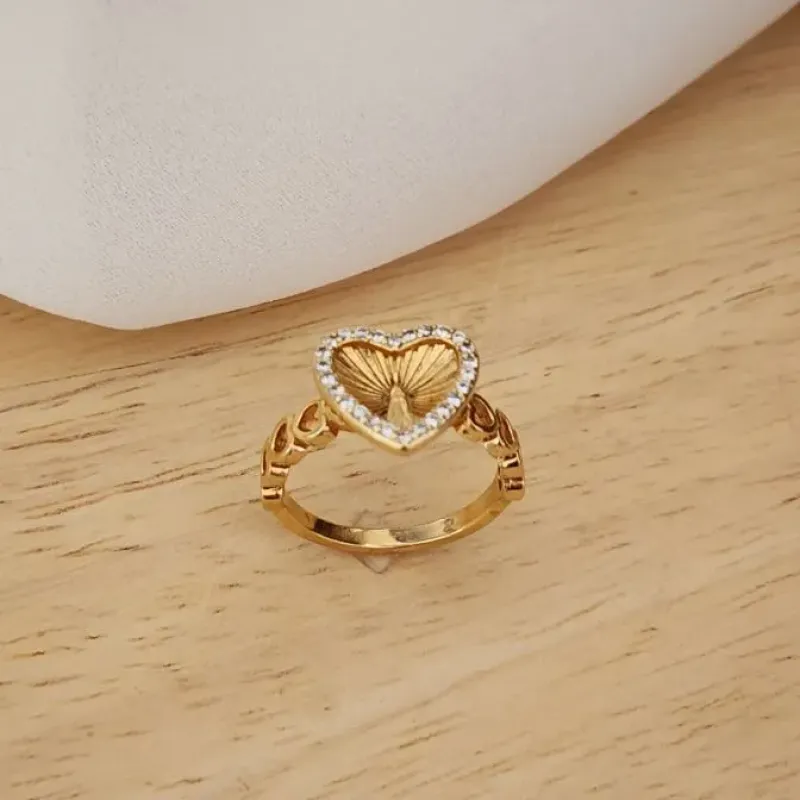 ANEL DOURADO CORAÇÃO CRAVEJADO NOSSA SENHORA DAS GRACAS