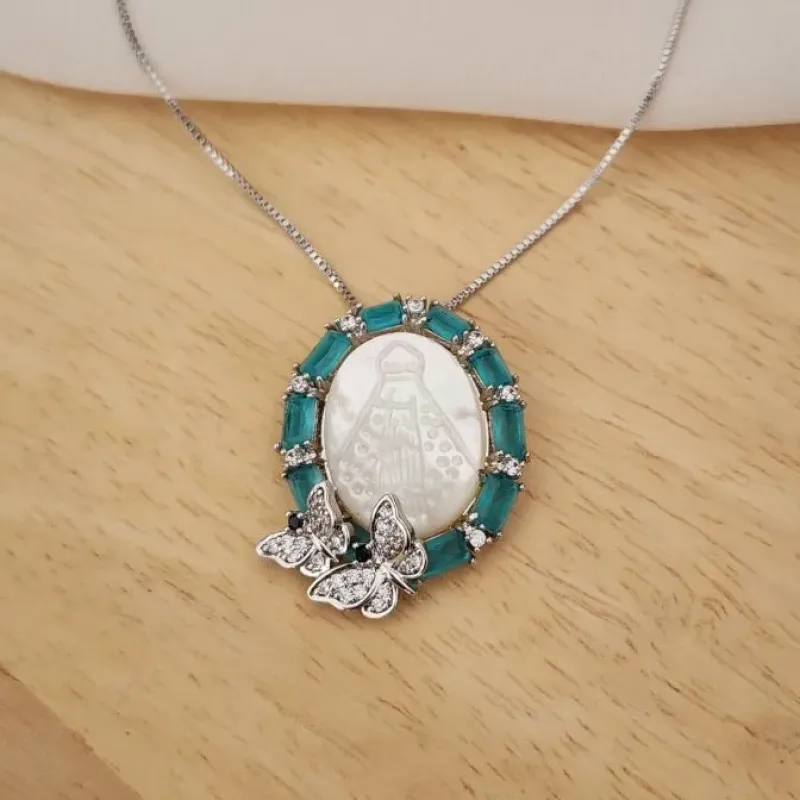 COLAR BANHO DE  PRATA PINGENTE NOSSA SENHORA E BORBOLETA