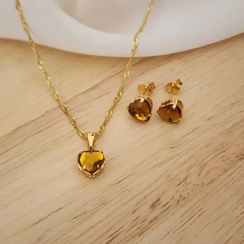 CONJUNTO DOURADO CORAÇÃO CORRENTE SINGAPURA