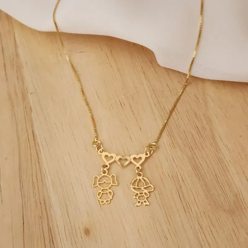 COLAR VENEZIANA DOURADO CASAL CORAÇÕES