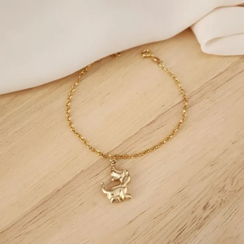 PULSEIRA DOURADA CORRENTE ELOS CORAÇÃO COM  PINGENTE CACHORRO
