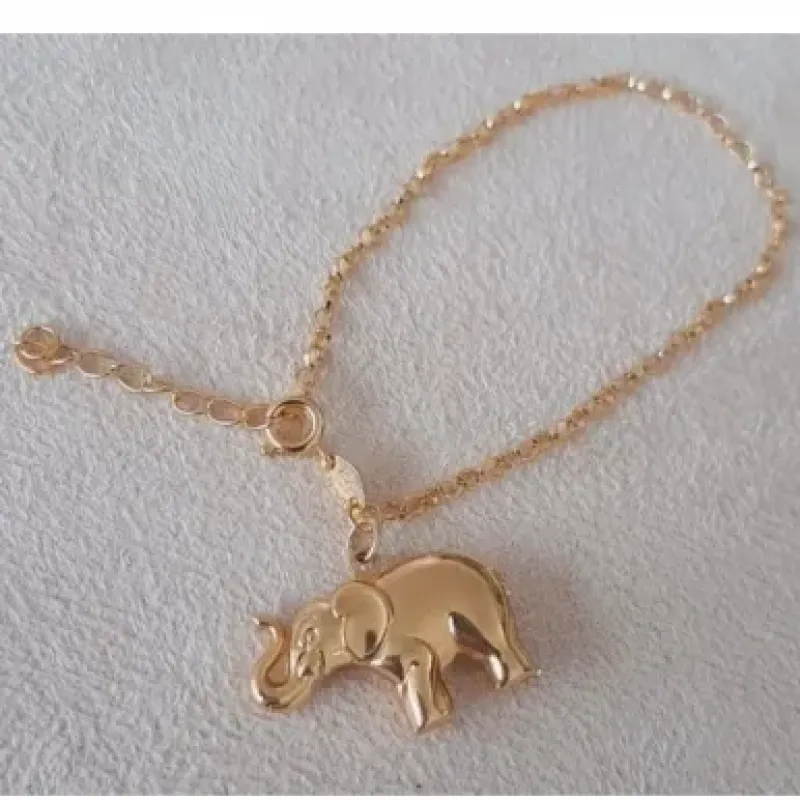 PULSEIRA DOURADA CORRENTE ELOS DE CORAÇÃO PINGENTE ELEFANTE