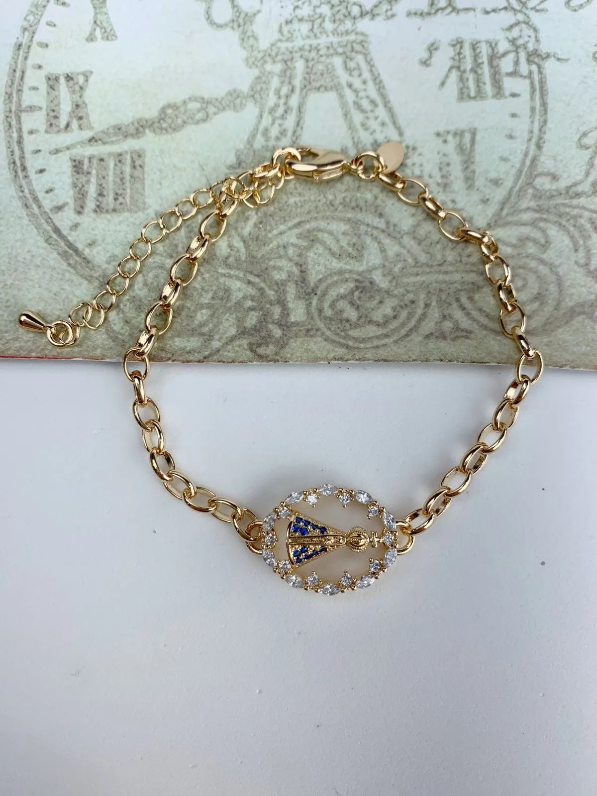 PULSEIRA DOURADA ELO PORTUGUÊS PINGENTE NOSSA SENHORA APARECIDA