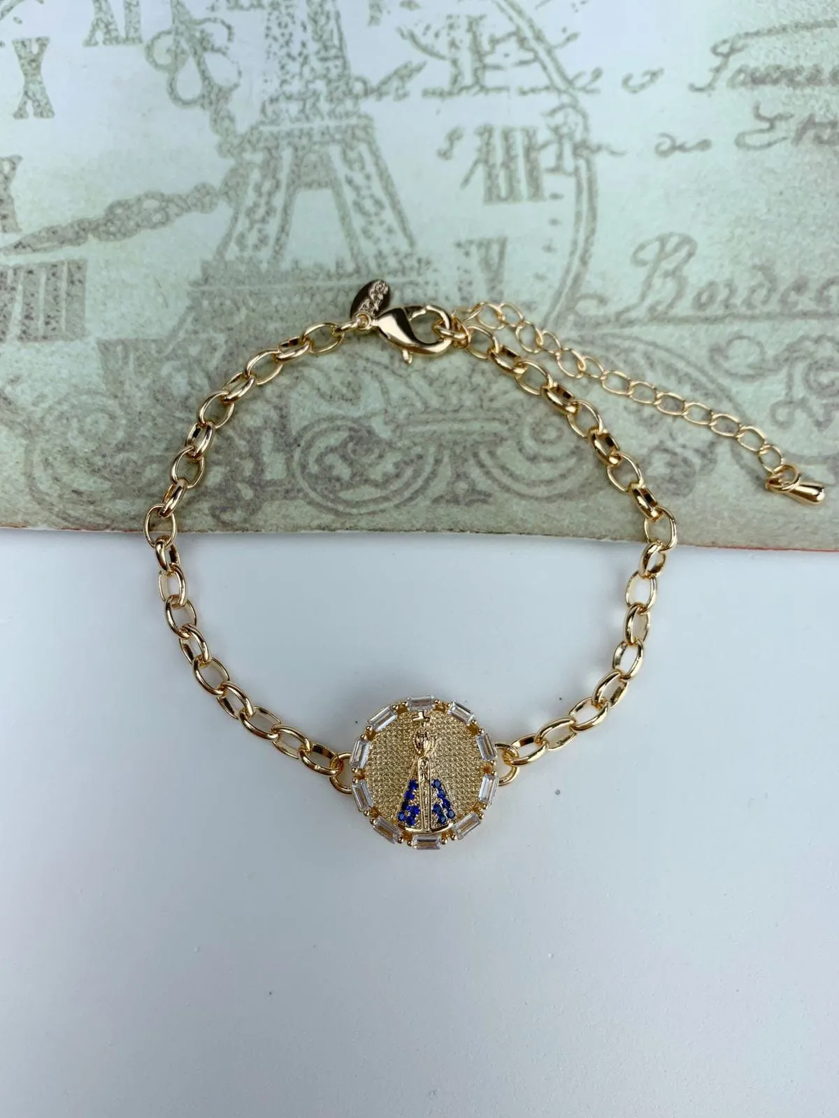 PULSEIRA DOURADA ELO PORTUGUÊS PINGENTE NOSSA SENHORA APARECIDA