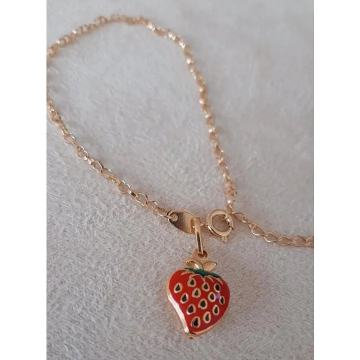 PULSEIRA DOURADA CORRENTE ELOS CORAÇÃO PINGENTE MORANGO