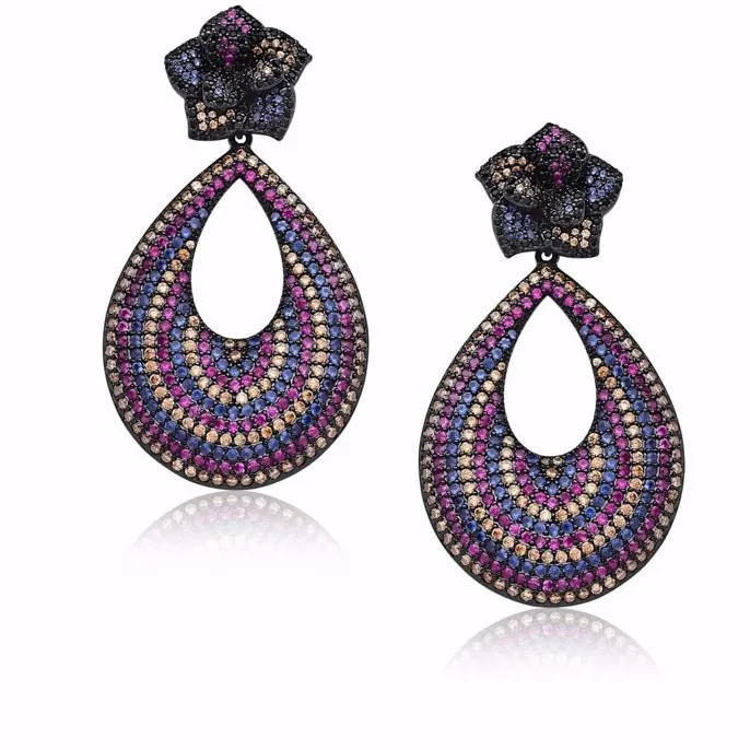 BRINCO FESTA GOTA COM FLOR EM ZIRCÔNIAS COLORIDAS RÓDIO NEGRO