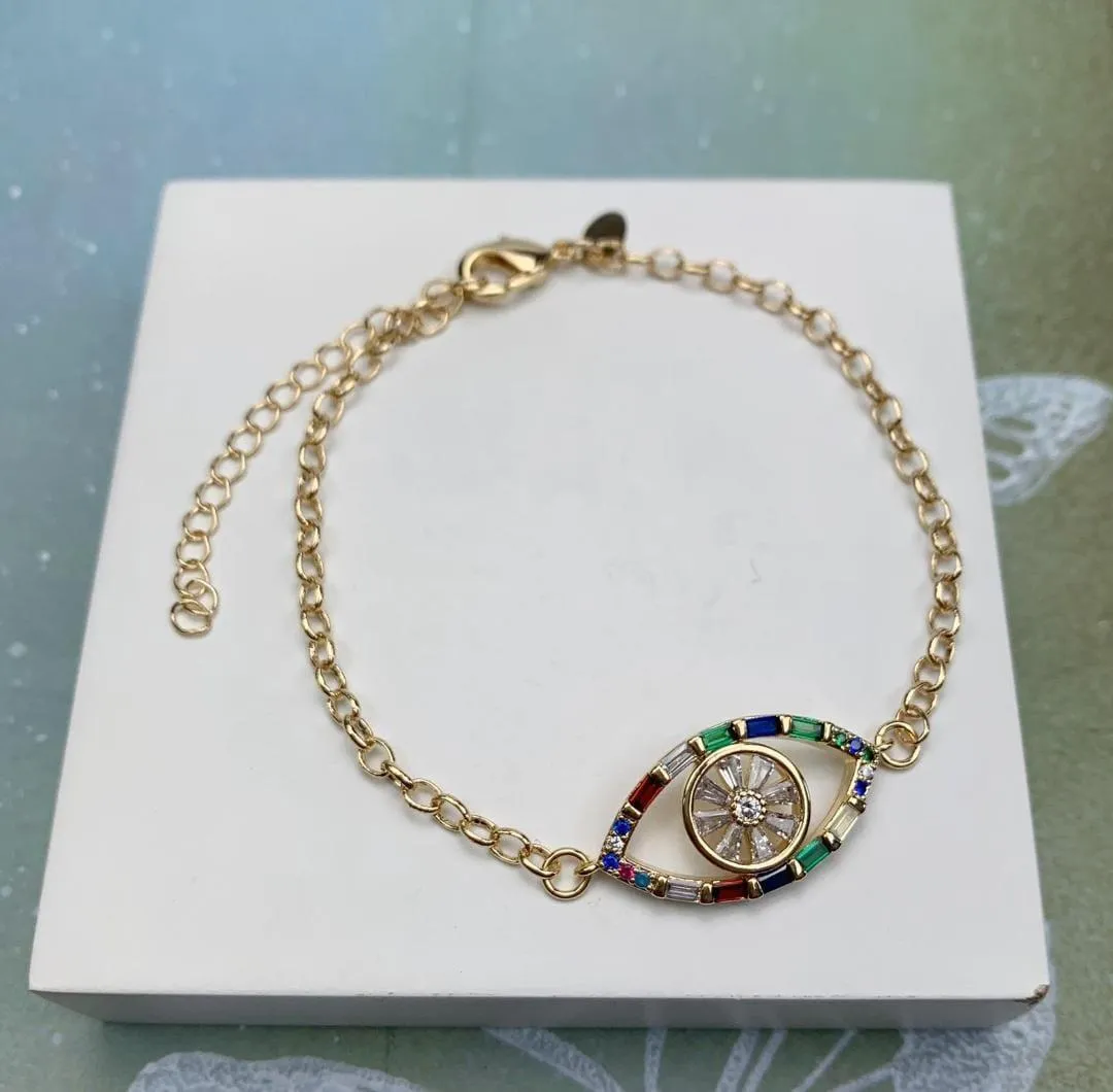 PULSEIRA DOURADA OLHO GREGO ZIRCÔNIAS NAVETE MULTICOLORIDAS DETALHE MICROZIRCÔNIAS MULTICOR