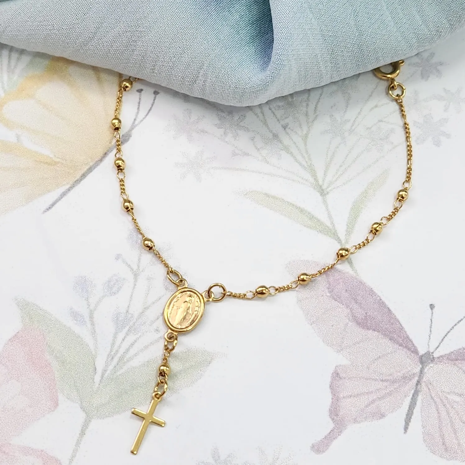 PULSEIRA DOURADA TERÇO NOSSA SENHORA DAS GRAÇAS E CRUZ