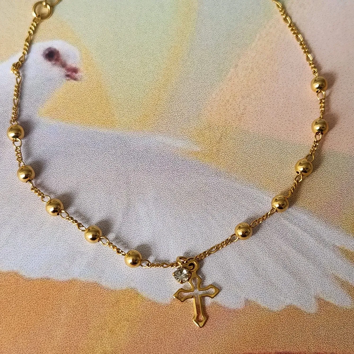 PULSEIRA DOURADA BOLINHA CRUZ E PONTO DE LUZ