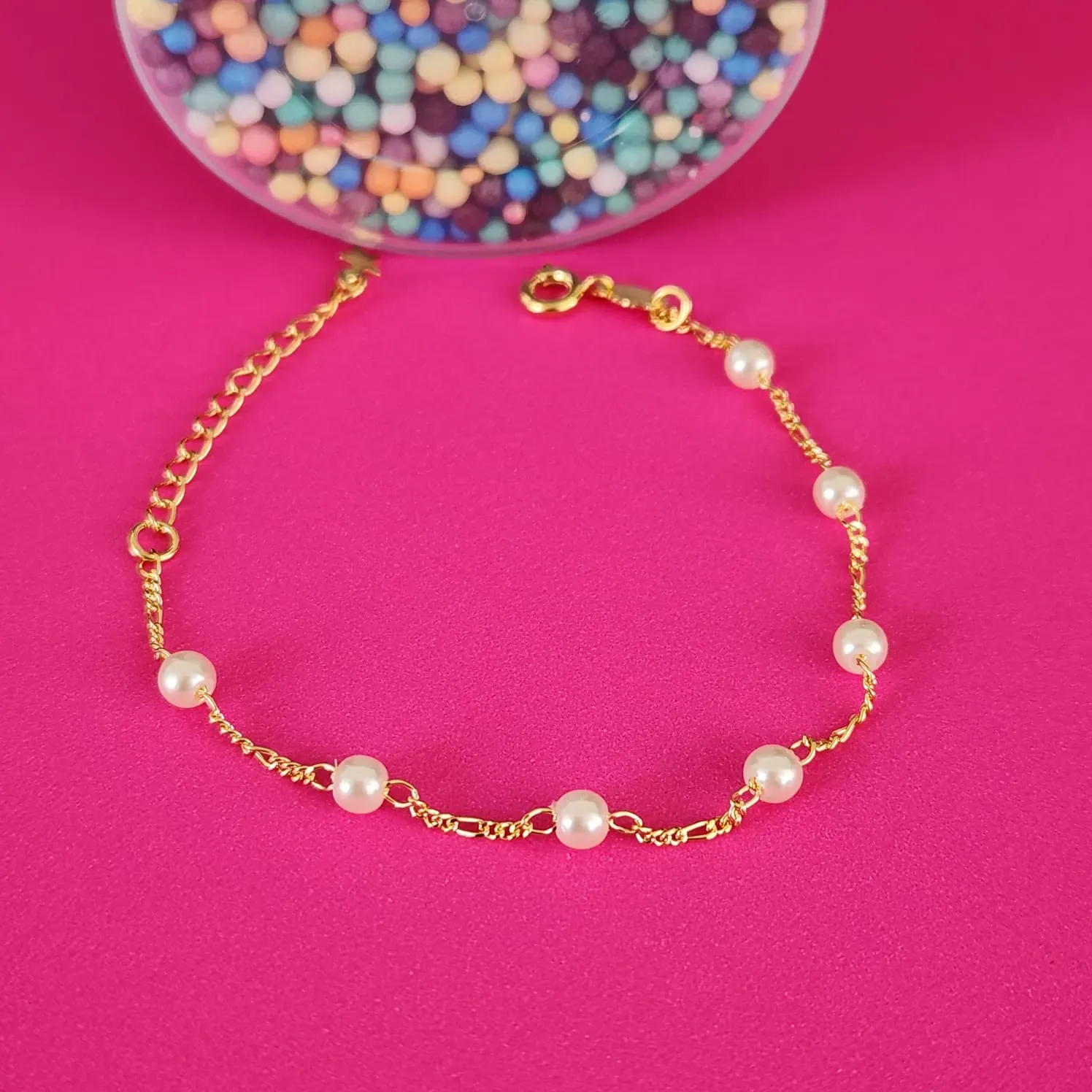 PULSEIRA DOURADA INFANTIL COM PÉROLAS 15CM