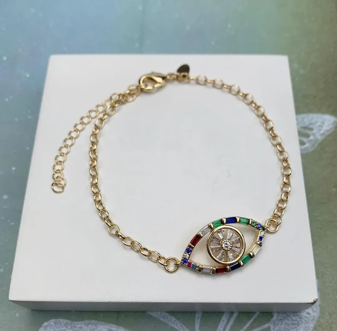 PULSEIRA DOURADA OLHO GREGO ZIRCÔNIAS NAVETE MULTICOLORIDAS DETALHE MICROZIRCÔNIAS MULTICOR