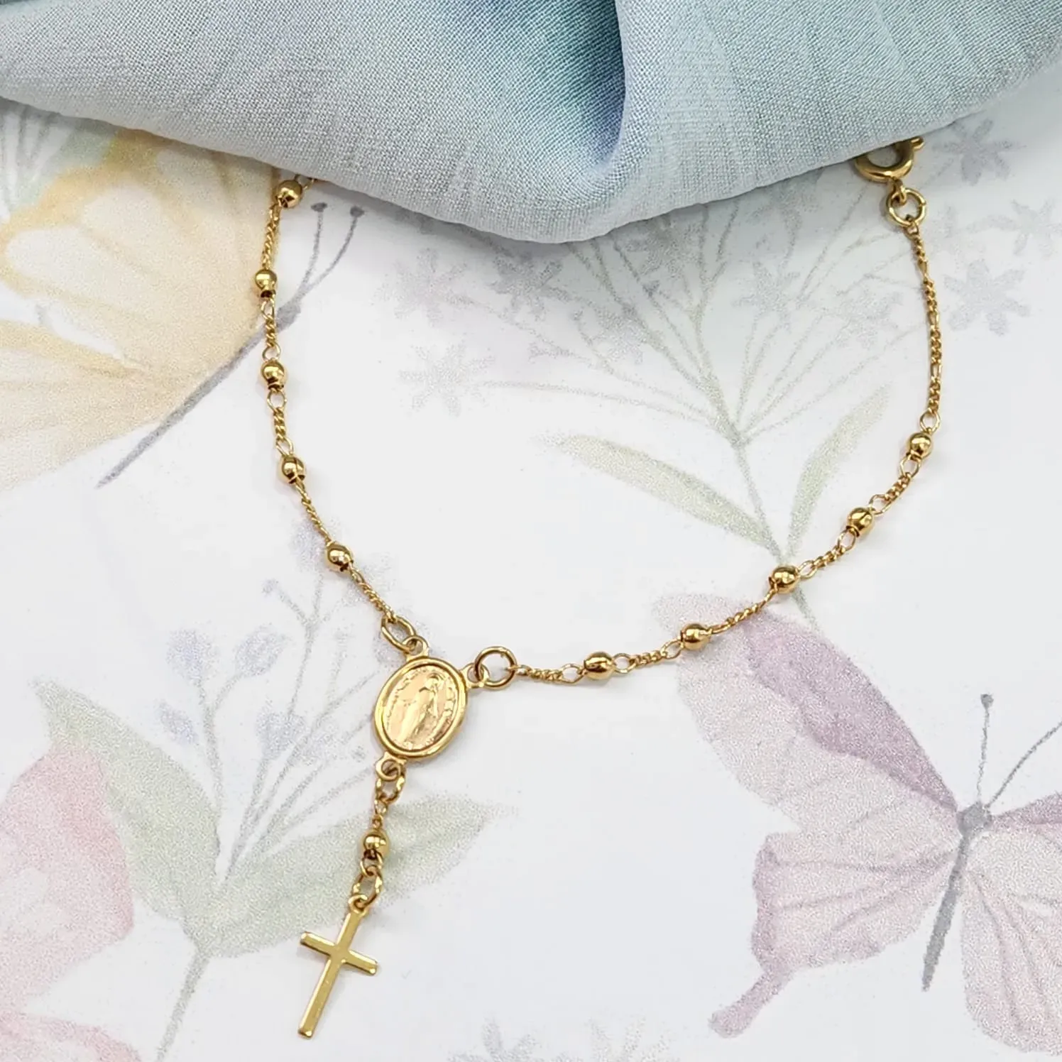 PULSEIRA DOURADA TERÇO NOSSA SENHORA DAS GRAÇAS E CRUZ
