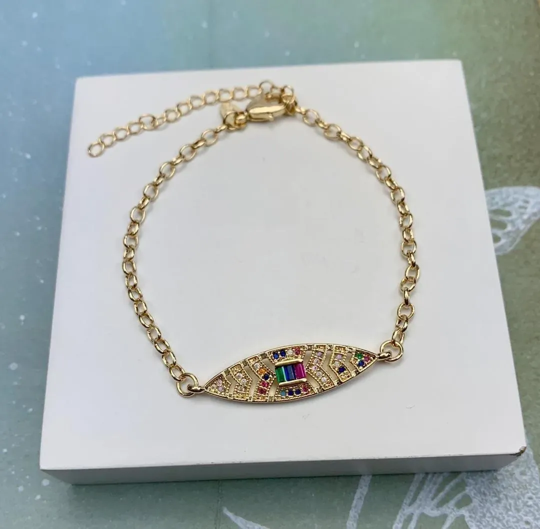 PULSEIRA DOURADA ZIRCÔNIAS NAVETE MULTICOLORIDAS DETALHE MICROZIRCÔNIAS MULTICOR