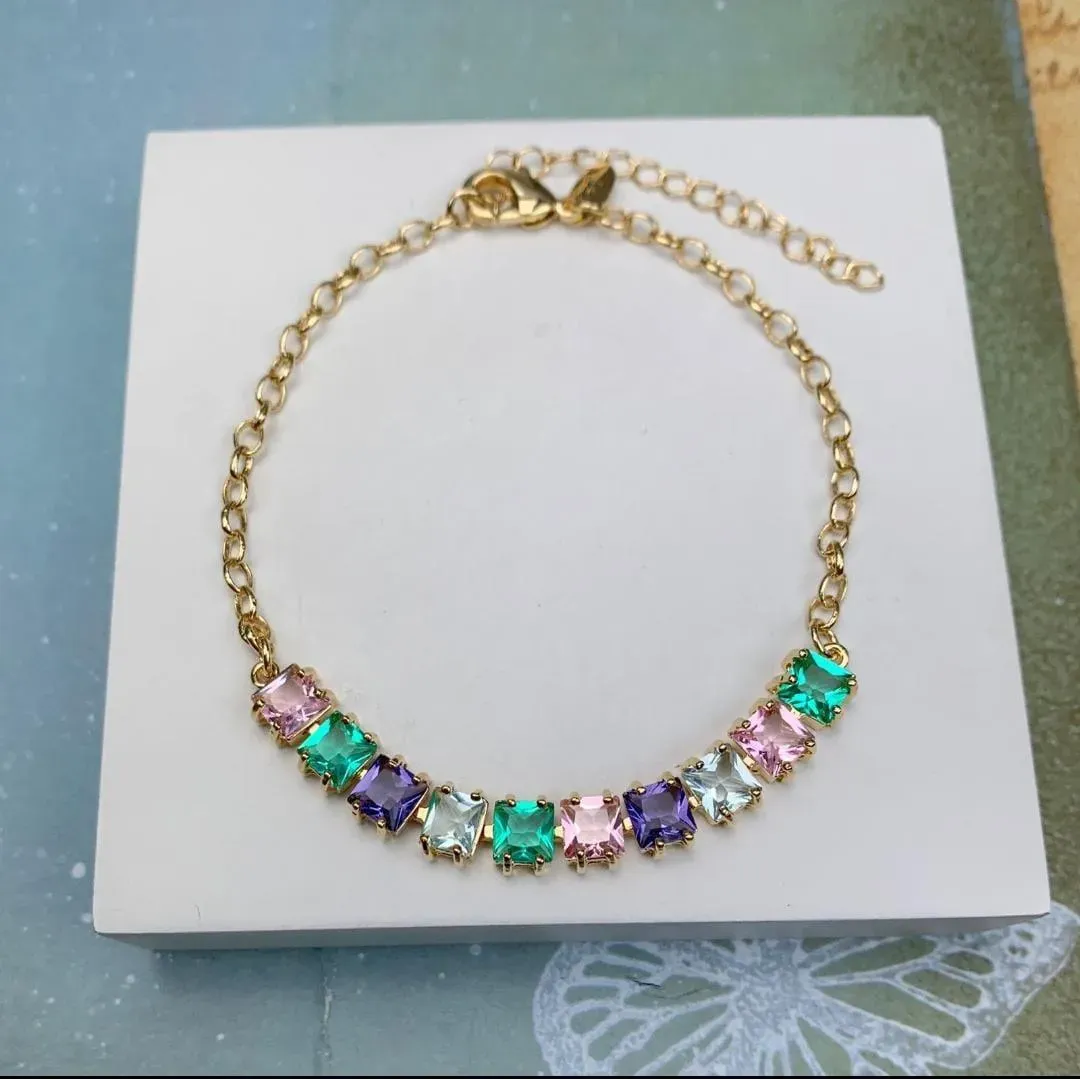 PULSEIRA DOURADA ZIRCÔNIAS PEDRAS QUADRADA MULTICOLORIDAS