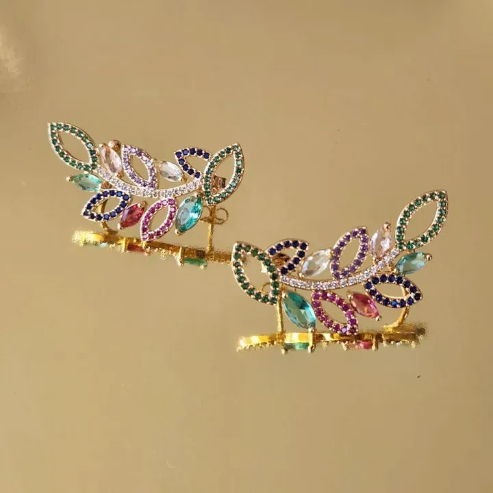 BRINCO EAR CUFF DOURADO NAVETES E MICROZIRCÔNIAS COLORIDAS