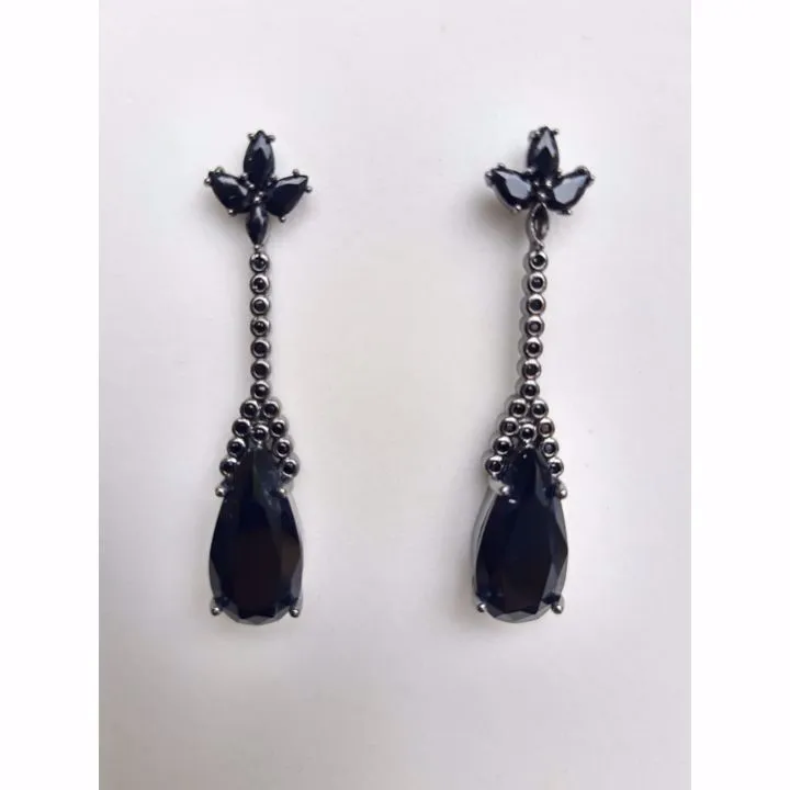 BRINCO RÓDIO NEGRO PENDULO PEDRA NEGRA CRAVEJADO MICROZIRCÔNIAS NEGRAS