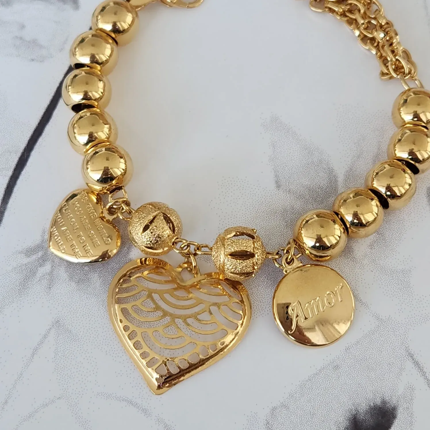 PULSEIRA DOURADA CORAÇÃO AMOR CORRENTE BOLINHA