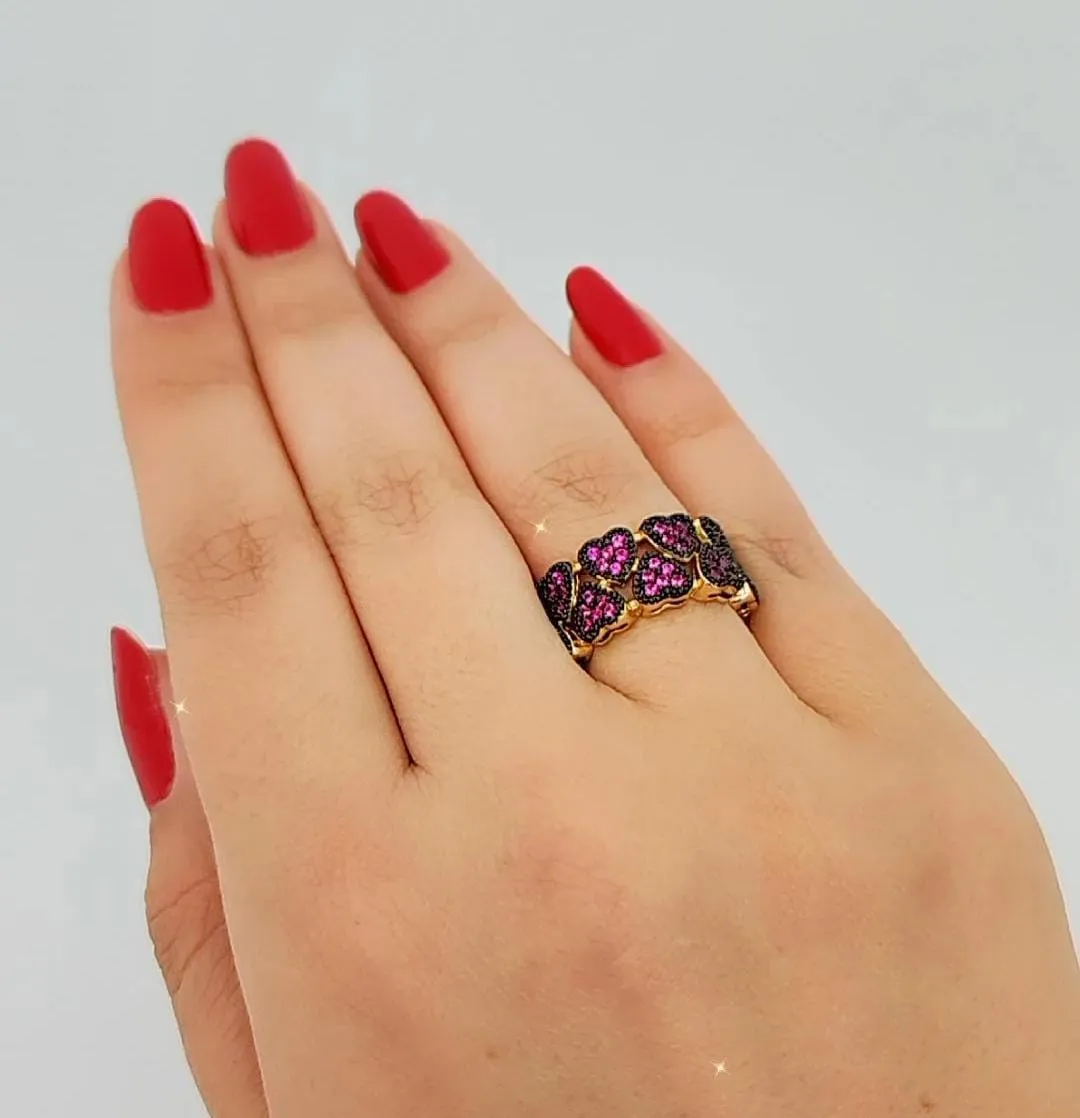 ANEL DOURADO CORAÇÕES CRAVEJADOS ROSA