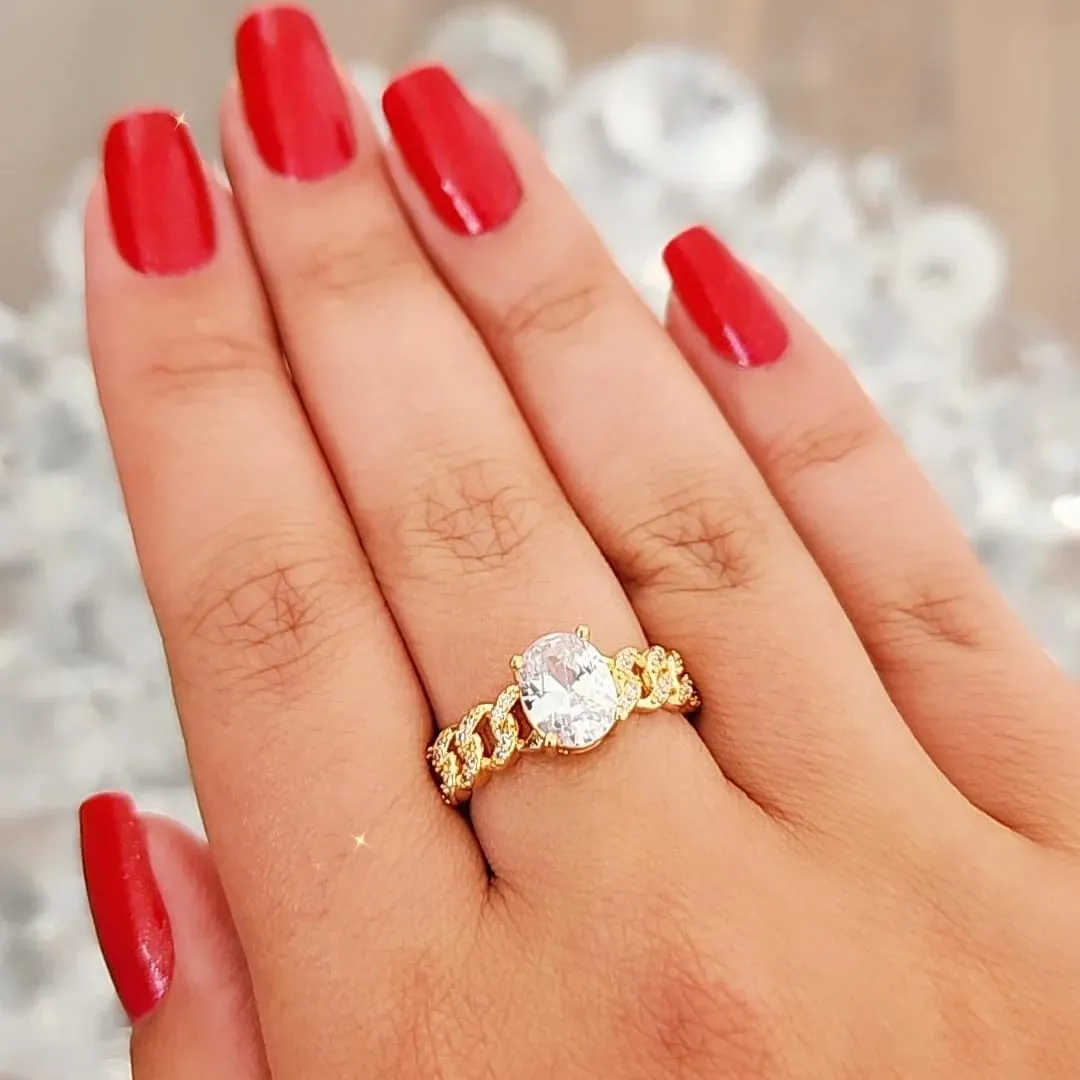 ANEL DOURADO SOLITÁRIO CRAVEJADO PEDRA CRISTAL