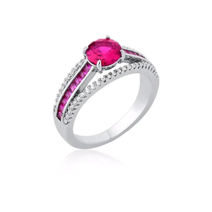 ANEL FORMATURA RÓDIO BRANCO PEDRA CENTRAL CRAVEJADO COM MICROZIRCÔNIAS ROSA