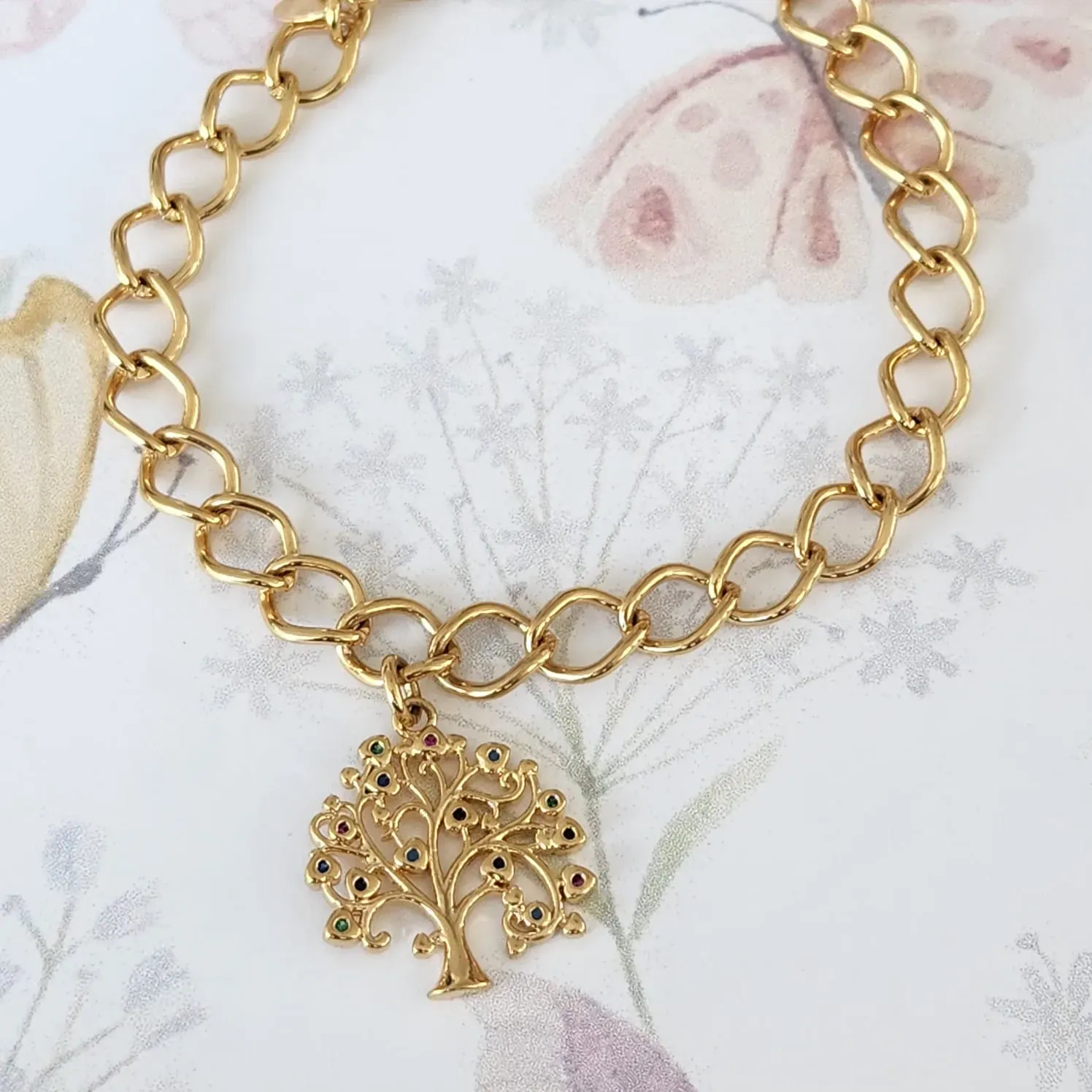 PULSEIRA DOURADA ÁRVORE DA VIDA COM MICROZIRCÔNIAS COLORIDAS